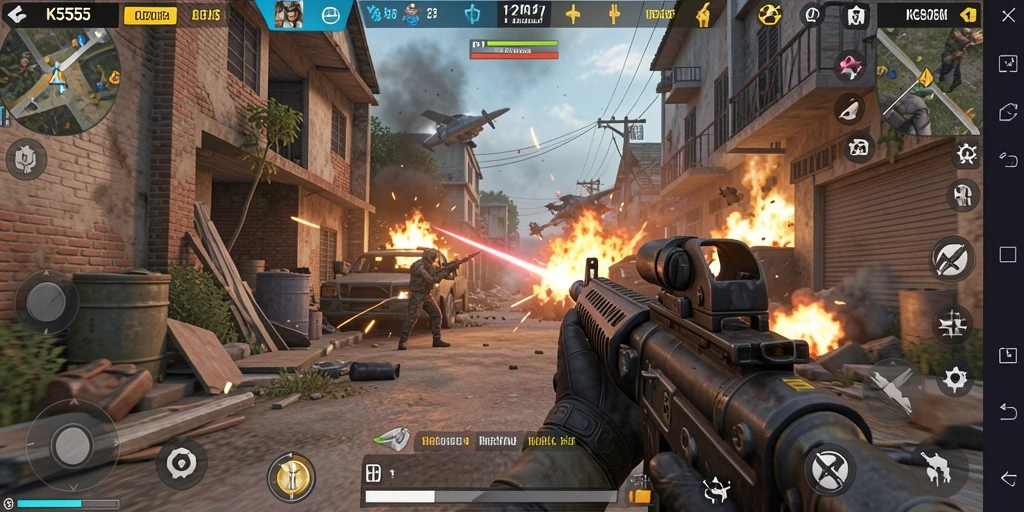Tampilan gameplay seru K5555 dengan aksi tembak-menembak yang intens.